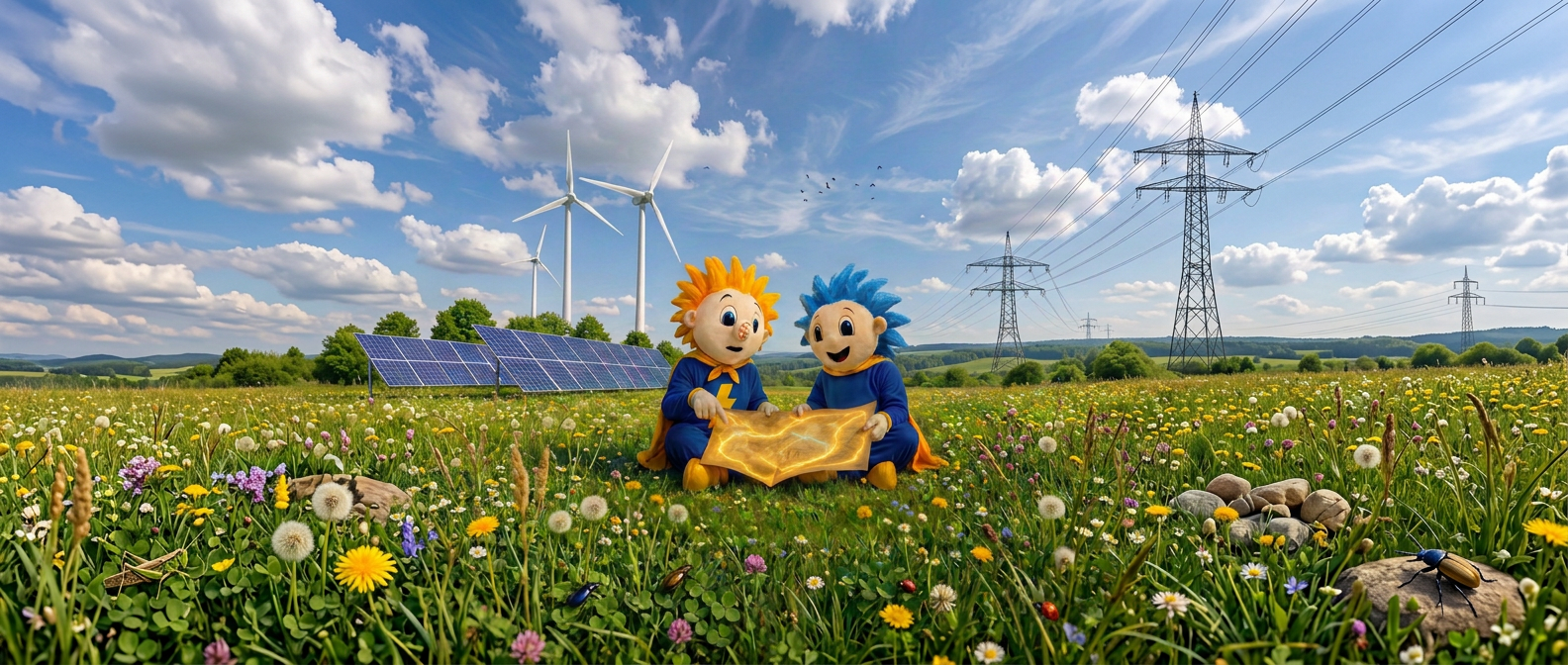 Die Energiedetektive Kilowattchen und Energiebündel sitzen auf einer Blumenwiese mit Strommasten, Solar- und Windkraftanlagen