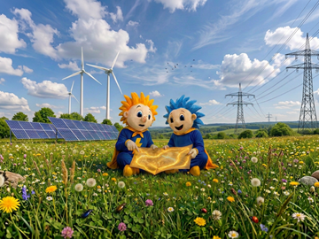 Die Energiedetektive, Podcast für Kinder Die Energiedetektive Kilowattchen und Energiebündel sitzen auf einer Blumenwiese mit Strommasten, Solar- und Windkraftanlagen