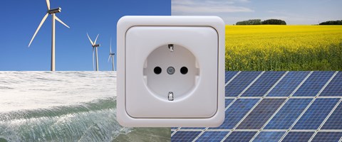 Montage Steckdose vor 4 Sinnbildern für grüne Energie Montage Steckdose vor 4 Sinnbildern für grüne Energie