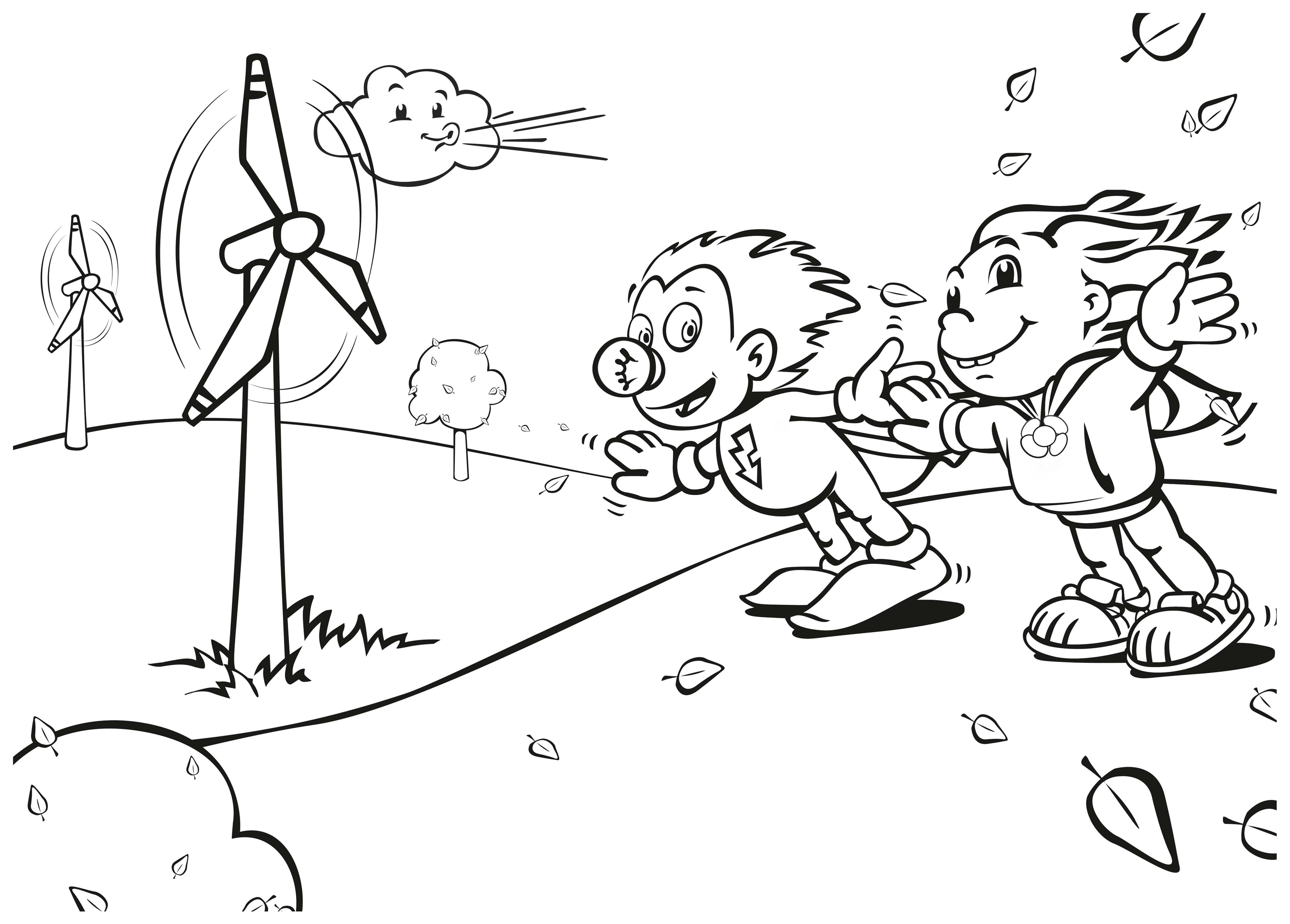 Kilowattchen und Energiebündel: Malvorlage Windkraft