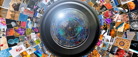 Kameralinse mit vielen kleinen Fotos Kameralinse mit vielen kleinen Fotos