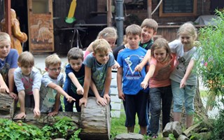 eine Gruppe von Kindern steht an einem Teich und beobachtet Fische eine Gruppe von Kindern steht an einem Teich und beobachtet Fische