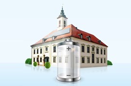 Rathausgebäude mit davorstehender Symbol-Grafik für Solarspeicher Rathausgebäude mit davorstehender Symbol-Grafik für Solarspeicher