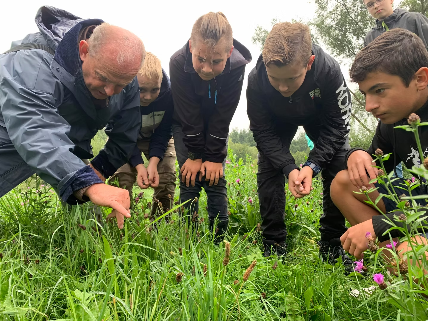 Mann erklärt fünf Kindern Flora und Fauna